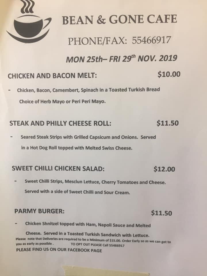 Menu at Bean & Gone Cafe, Ormeau