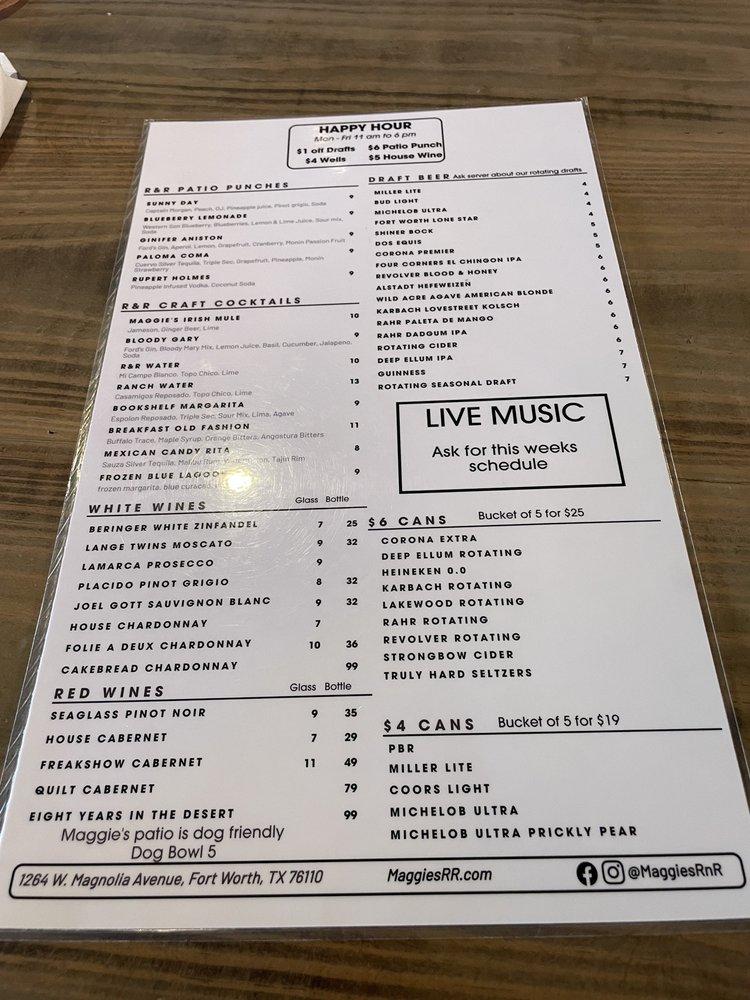 Menu at Maggie's RnR pub & bar, Fort Worth