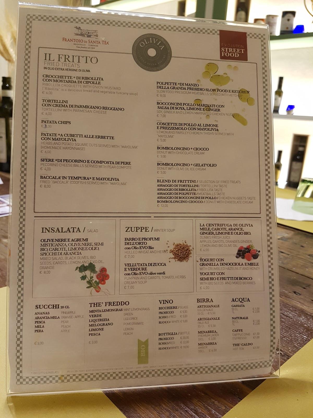 Menu da Olivia Bistrot del Frantoio Santa Téa ristorante, Firenze