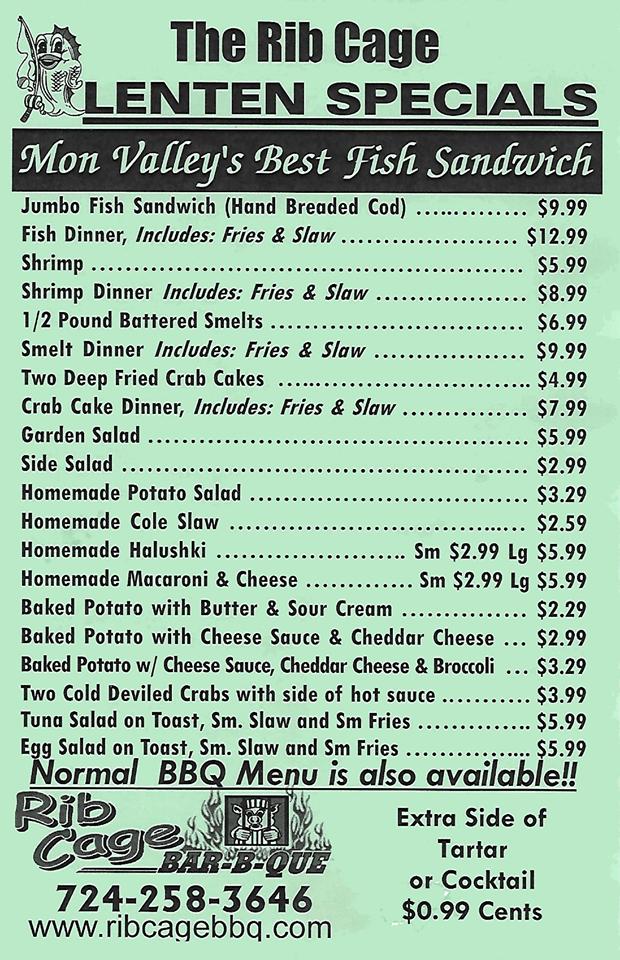 Menu at Rib Cage BBQ, Monongahela