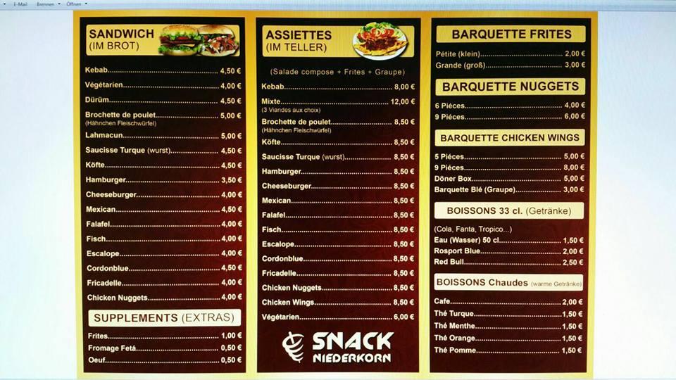 Menu de Snack Niederkorn Pizza Kebab