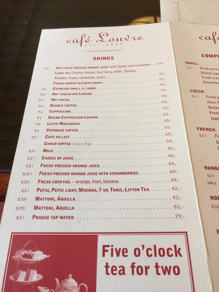 Menu at Café Louvre cafe, Prague, Národní 22