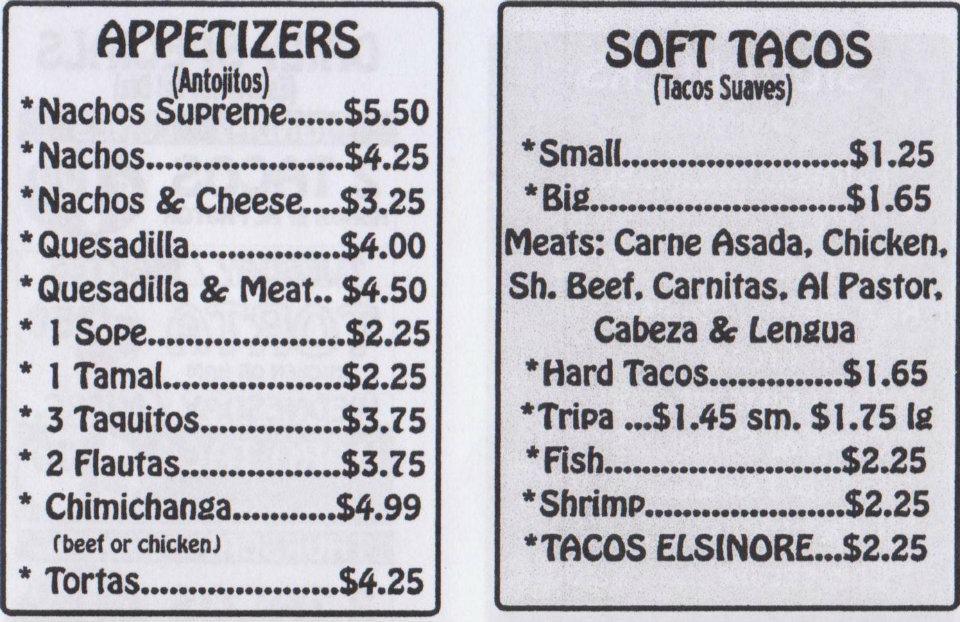 Menu at Tacos Elsinore restaurant, Lake Elsinore, Grand Ave STE L