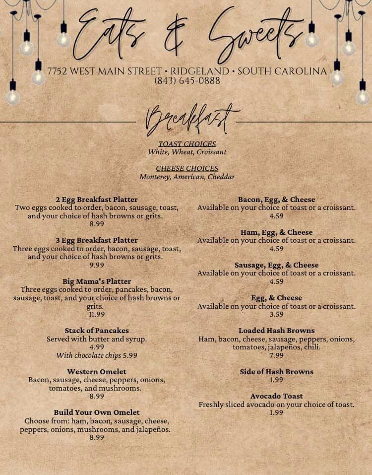 Menu at Eats and Sweets cafe, Ridgeland