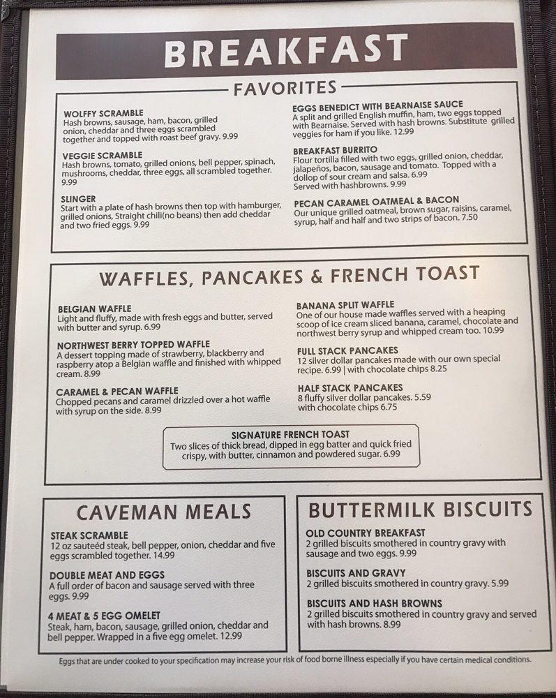 Menu at Wolffy's Breakfast Burgers and Brew restaurant, Airway Heights