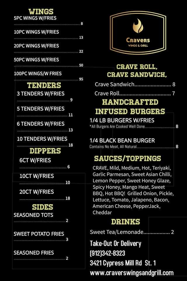 Menu at Cravers Wings and Grill restaurant, Brunswick