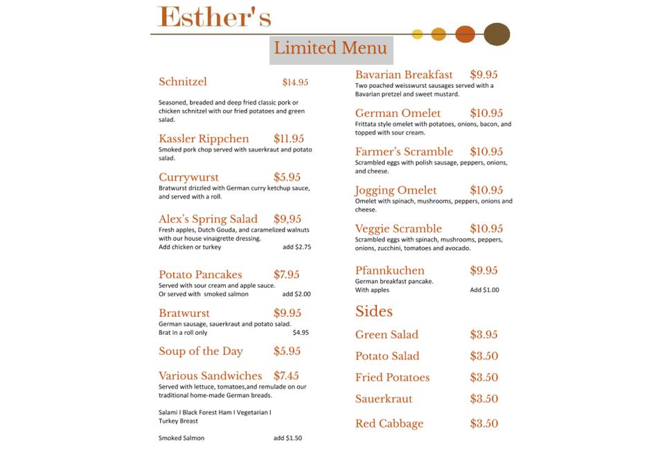 Menu at Esther's Kitchen & Beer Garden cafe, Los Altos