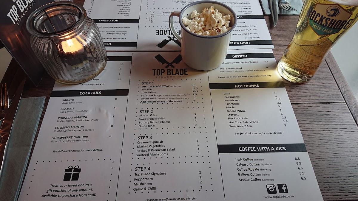 Menu at Top Blade steakhouse, Belfast