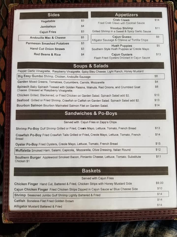 Menu at Big Easy restaurant, Atlanta, Cumberland Mall SE