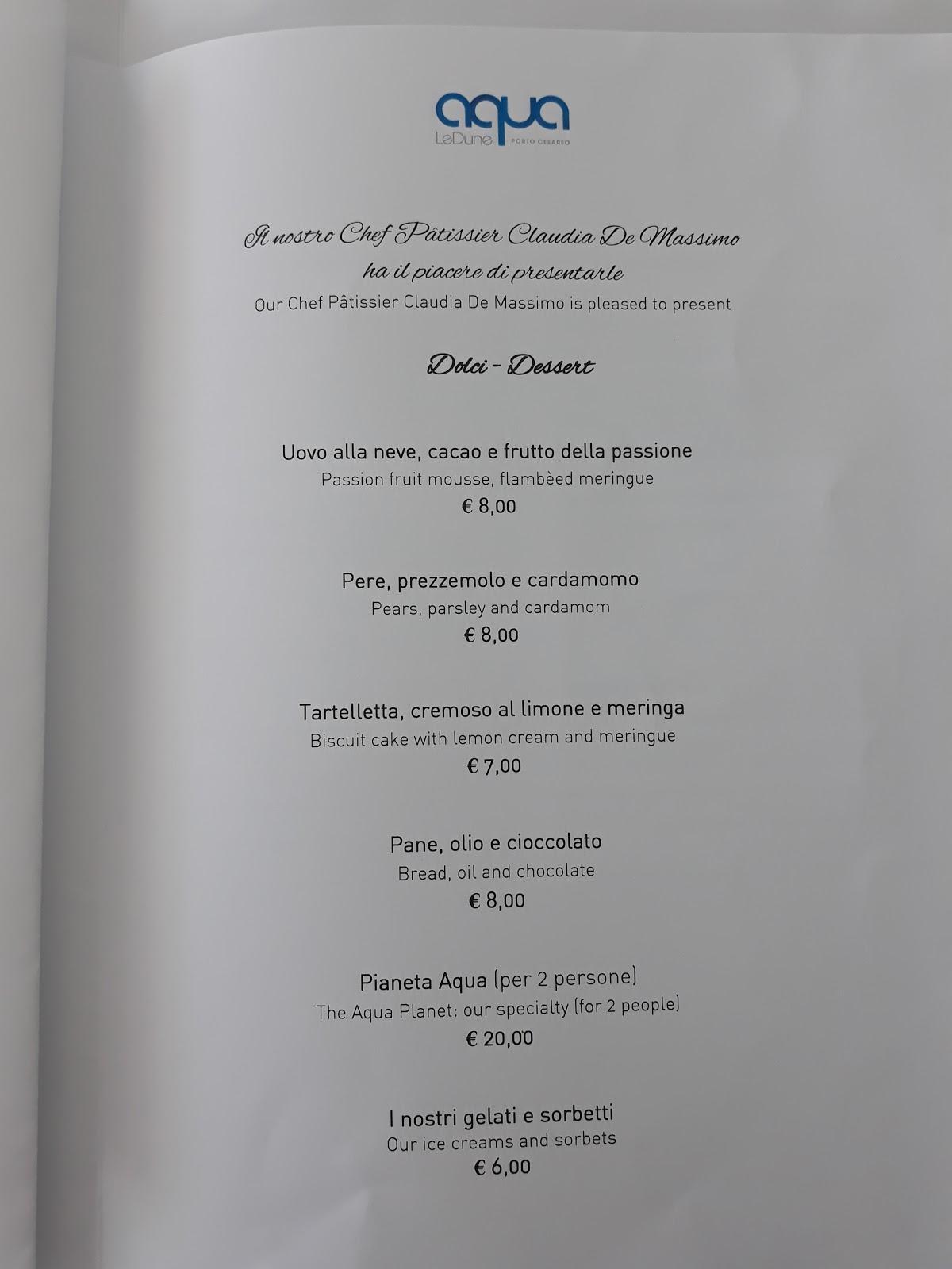 Menu da Ristorante AQUA, Porto Cesareo, VIA STRADA DEI BACINI