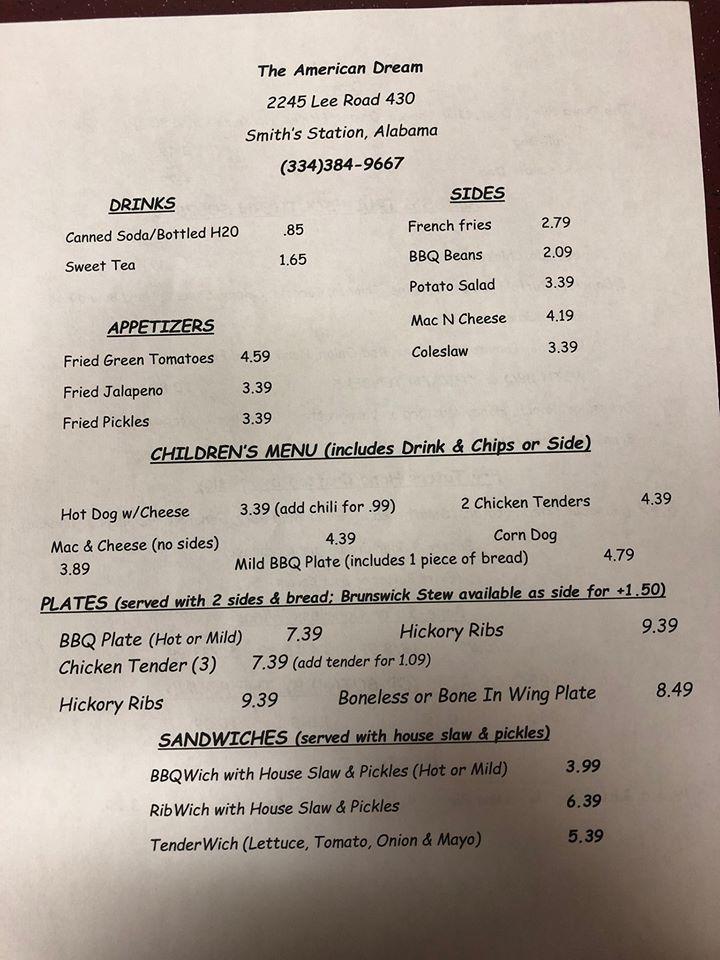 Menu at The American Dream restaurant, Smiths Station