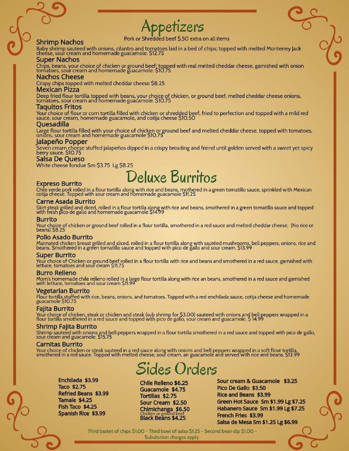 Menu at Colonial Mexican Restaurant, Coquille