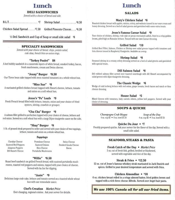 Menu at Jesses Restaurant, Magnolia Springs