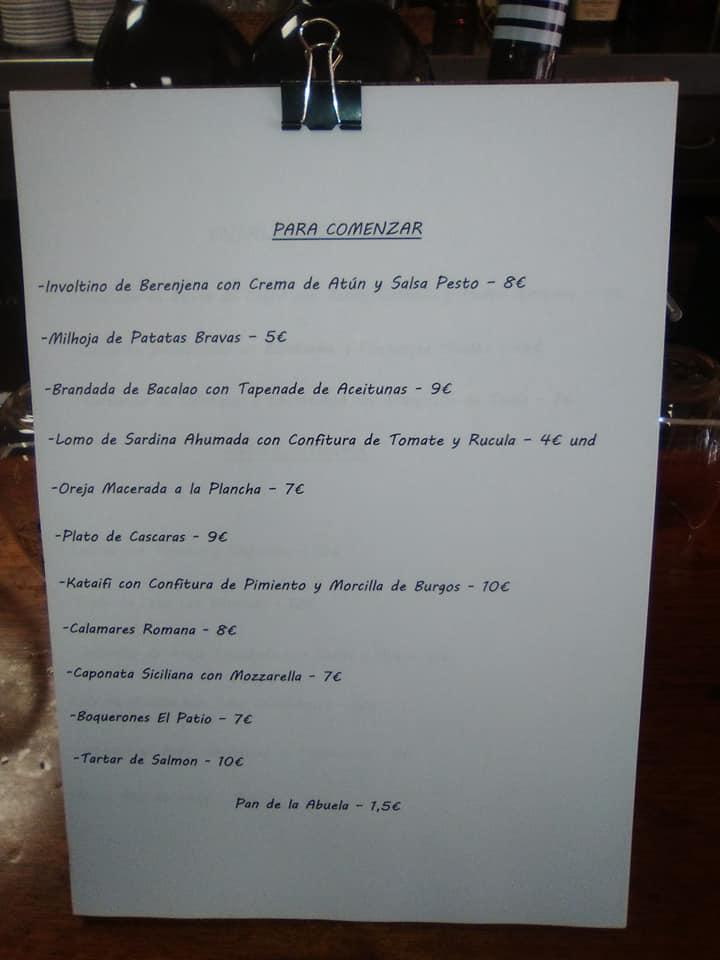 Menu at El Patio restaurant, Macastre