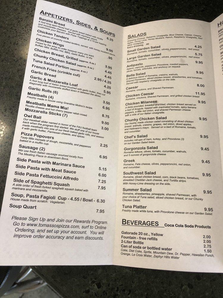 Menu at Tomasso's Pizza & Subs pizzeria, Boca Raton
