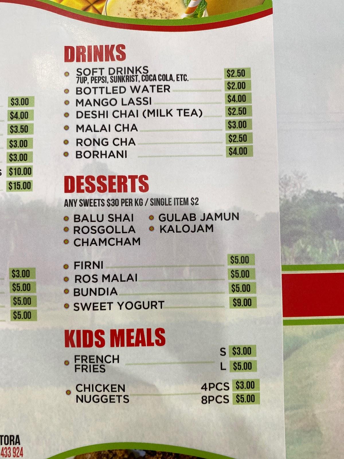 Menu at Dhanshiri Restora restaurant, Lakemba