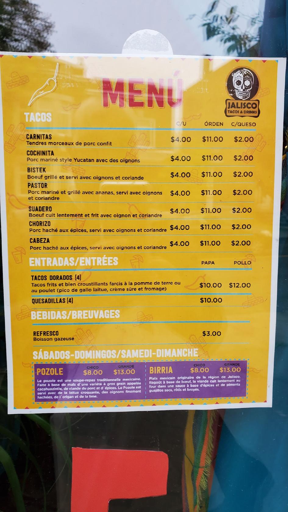 Menu at Jalisco Tacos & Drinks restaurant, Québec City