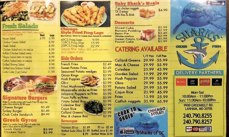 16+ Sharks Fish Chicken Menu