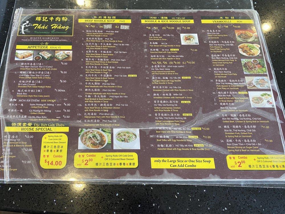 Menu at Pho Thai Hang 2 Restaurant, Vancouver