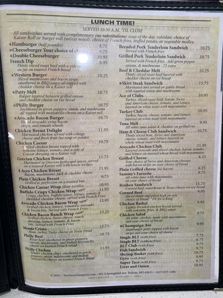 Menu at Sammy's Pancake House restaurant, Champaign