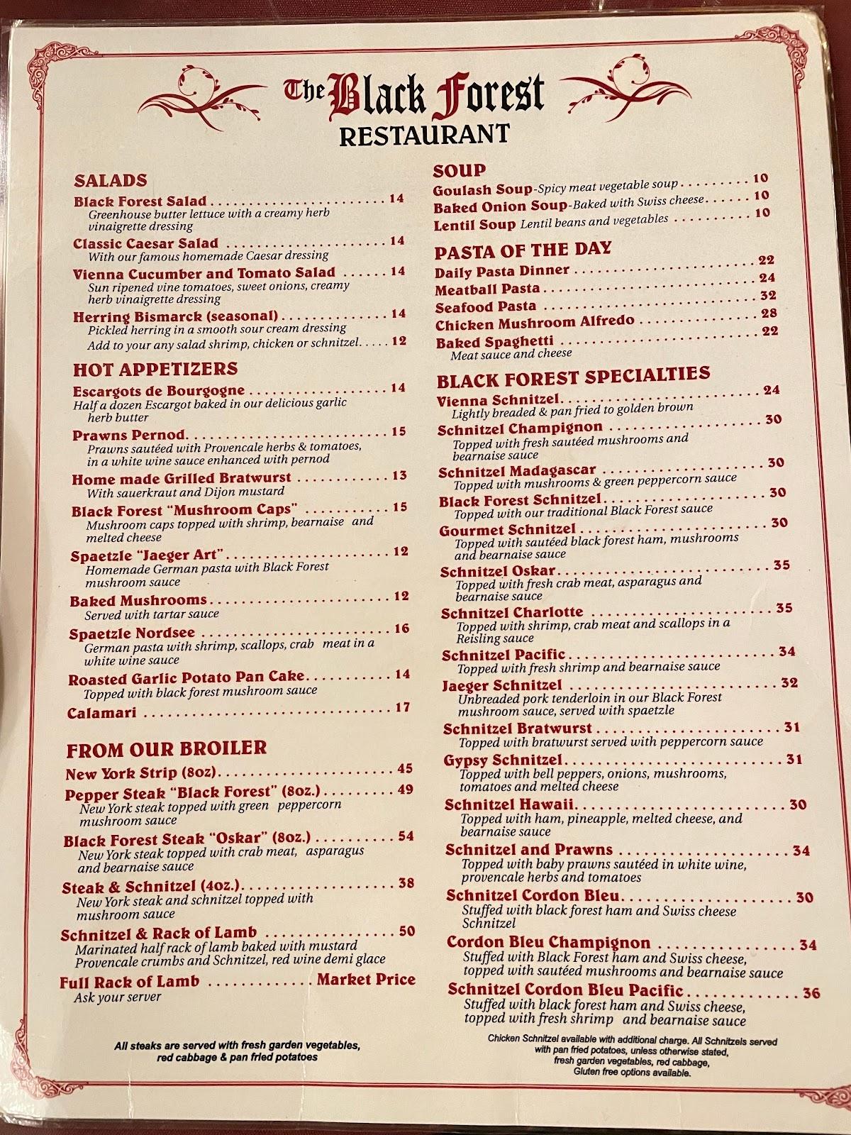 Menu at Black Forest Steak & Schnitzel House restaurant, Harrison Hot ...