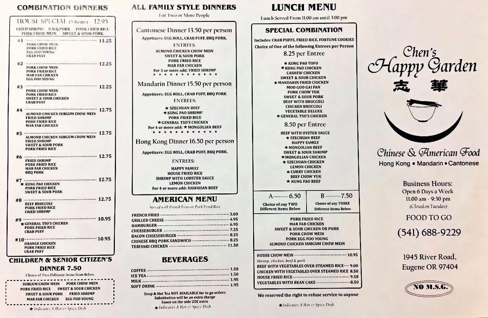 Menu at Chen's Happy Garden restaurant, Eugene