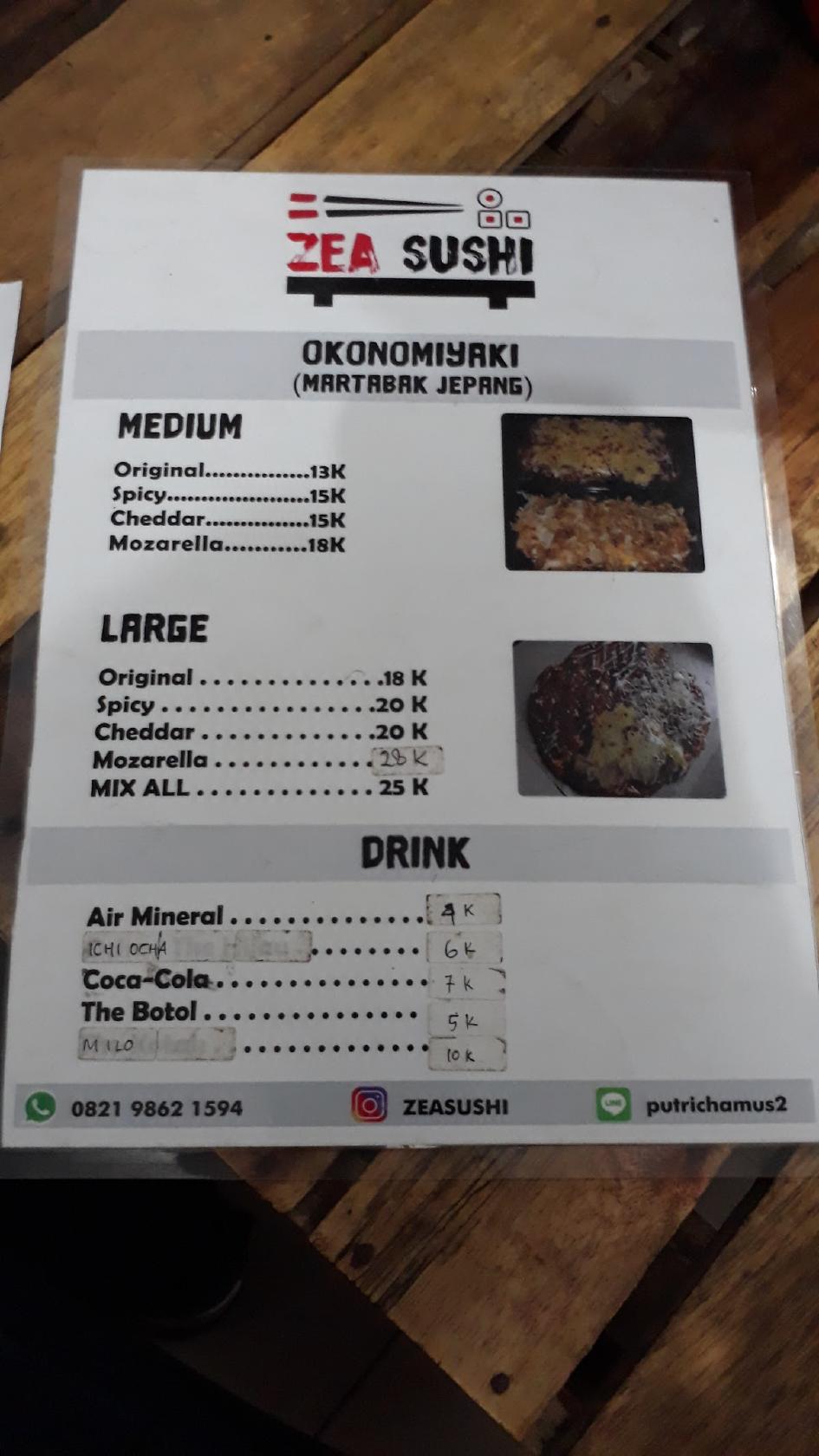 Menu at Zea Sushi restaurant, Samarinda, SPBU