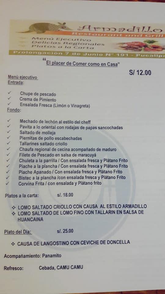 Menu at Armadillo Restaurant, Pucallpa
