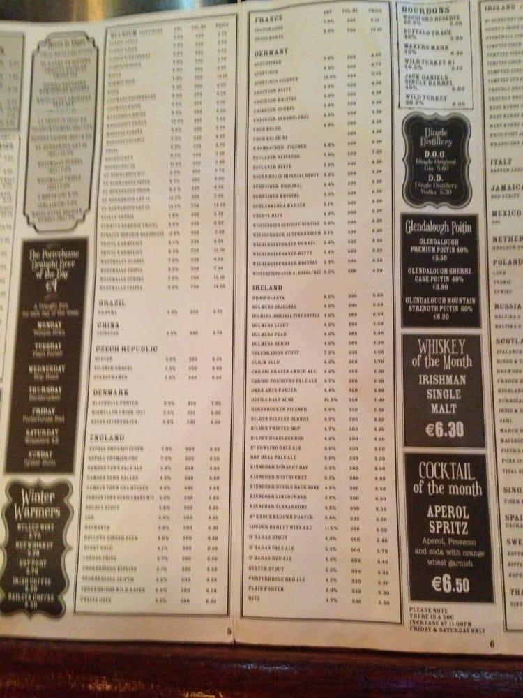 Menu at The Porterhouse Central pub & bar, Dublin