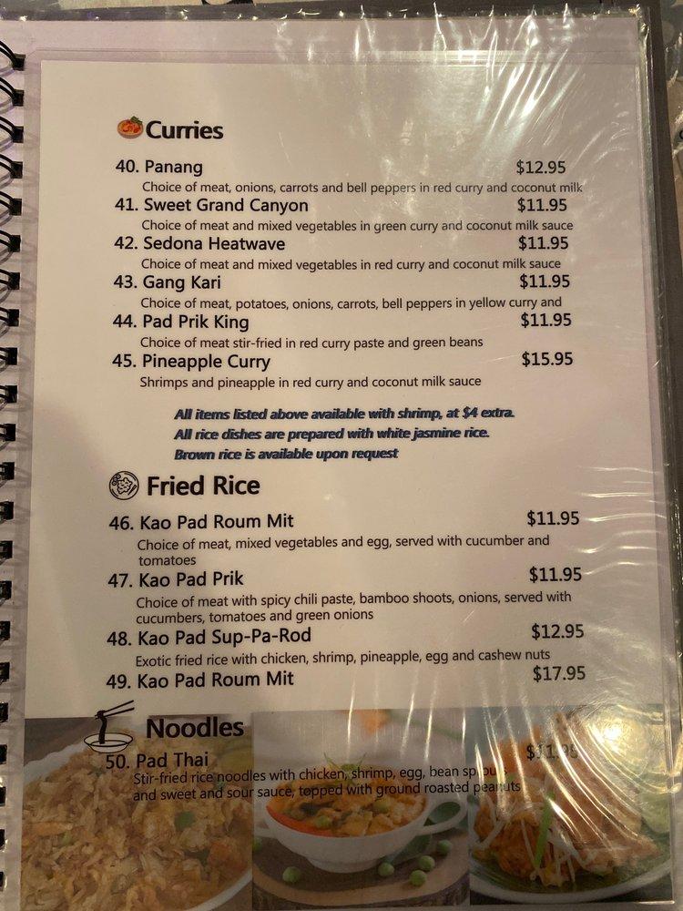 Menu at Thai Gardens restaurant, Lake Montezuma