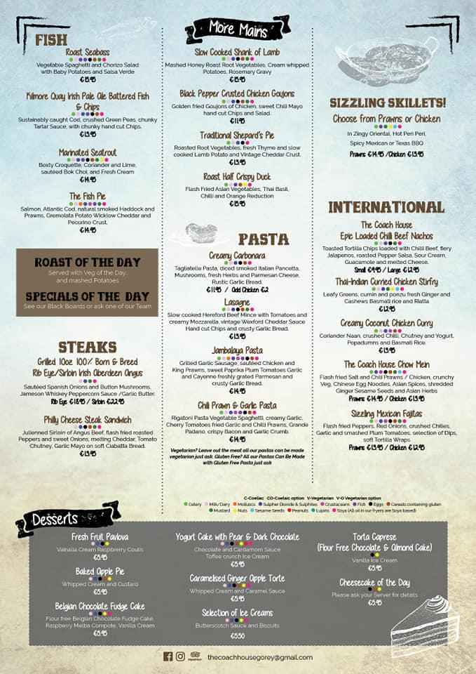 Menu at The Coach House pub & bar, Gorey, The Coach House 1 Main Street