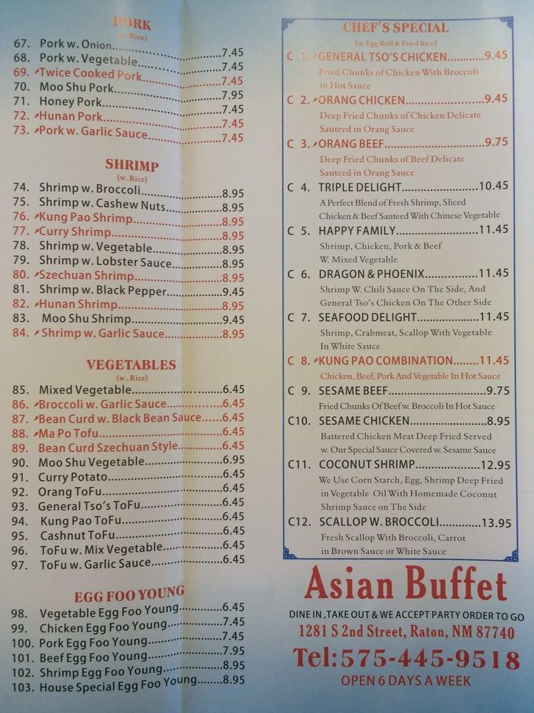 Menu at Asian Buffet restaurant, Raton