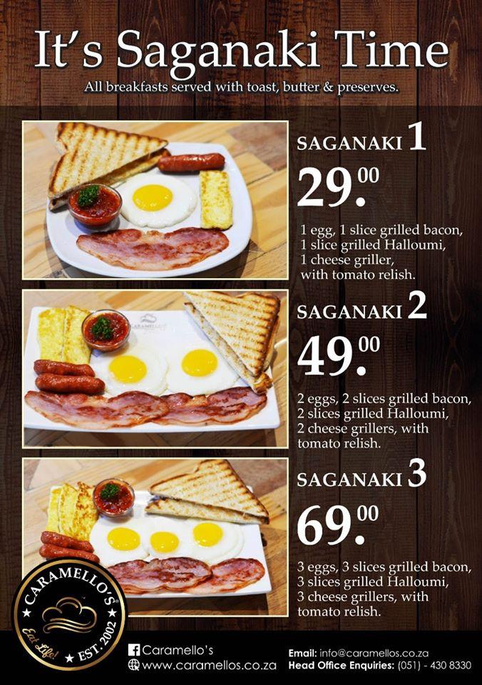 Menu at Caramello's restaurant, Bloemfontein, 50 Louw Wepener Straat