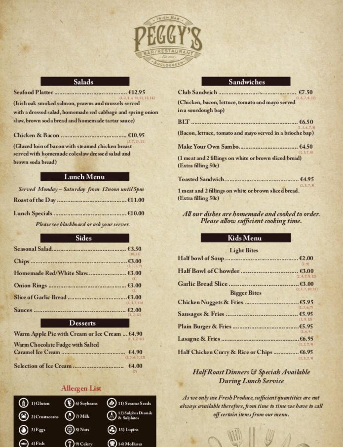 Menu at Peggys Bar and Restaurant, Ireland
