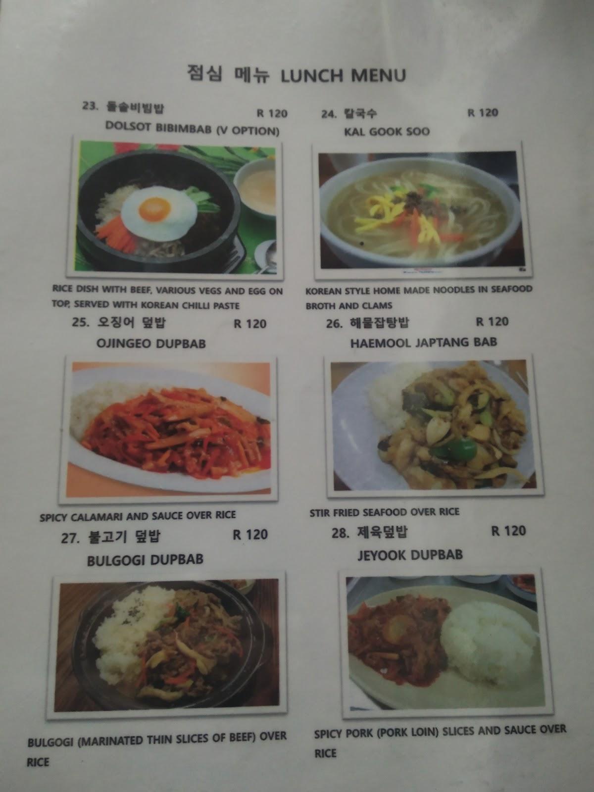 Menu at Seoul Garden Korean food restaurant, Pretoria