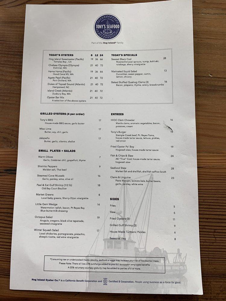 Menu at Tony's Seafood Restaurant, Marshall, Shoreline Hwy