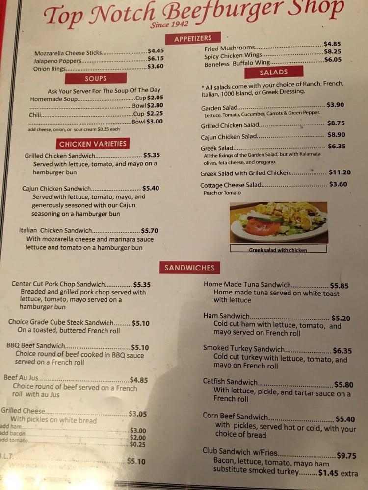 Menu at Top Notch Beefburgers restaurant, Chicago, W 95th St