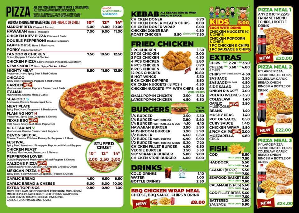 Menu at Sidmouth Takeaway Pizza House restaurant, Sidmouth