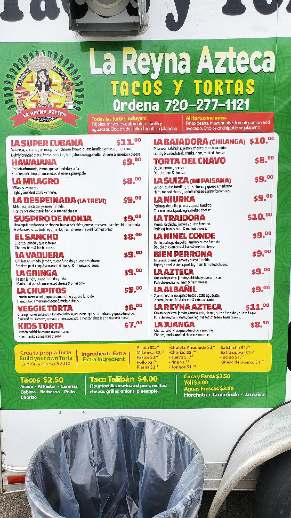 Menu at La Reyna Azteca Tacos y Tortas restaurant, Aurora, E ...