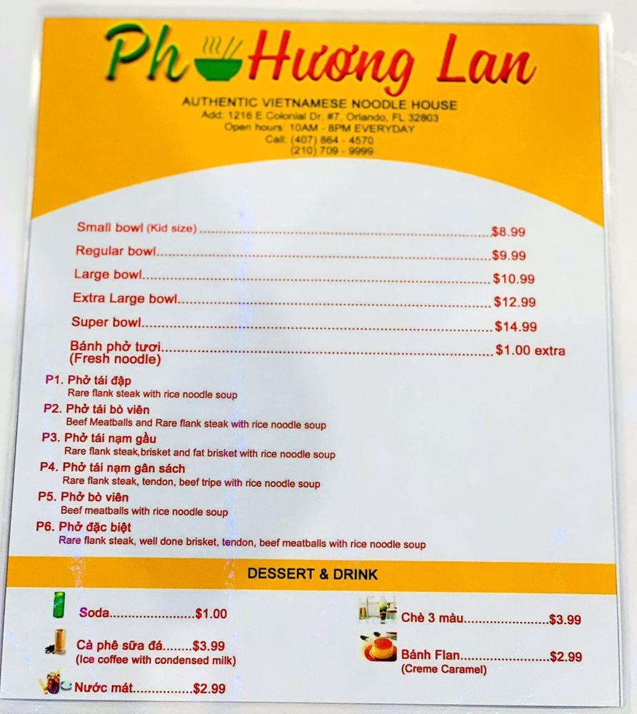 Menu at Pho Huong Lan restaurant, Orlando