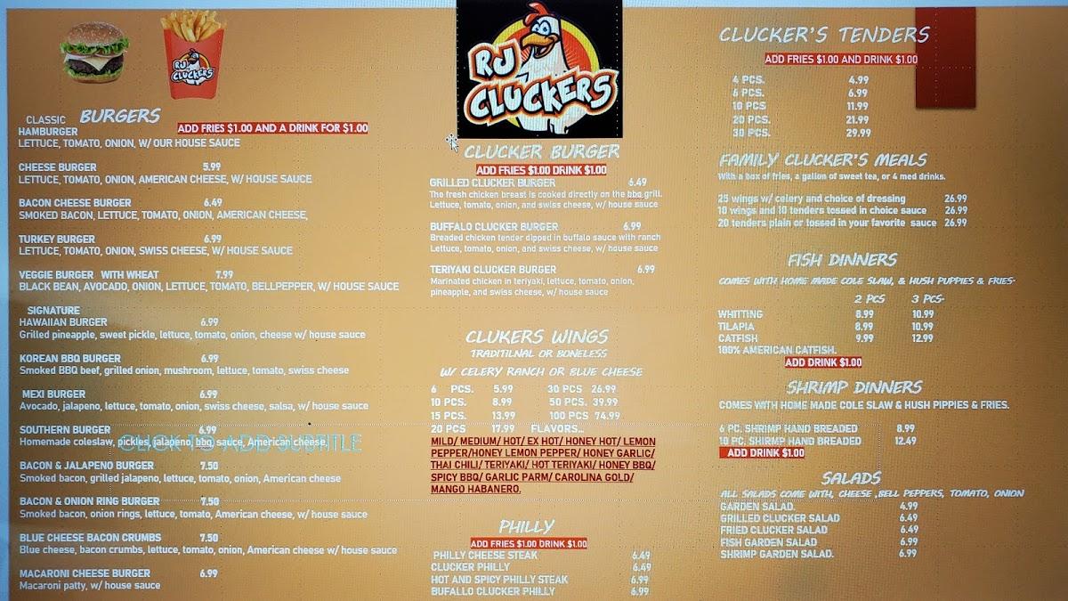 Menu at RJ Cluckers restaurant, Covington