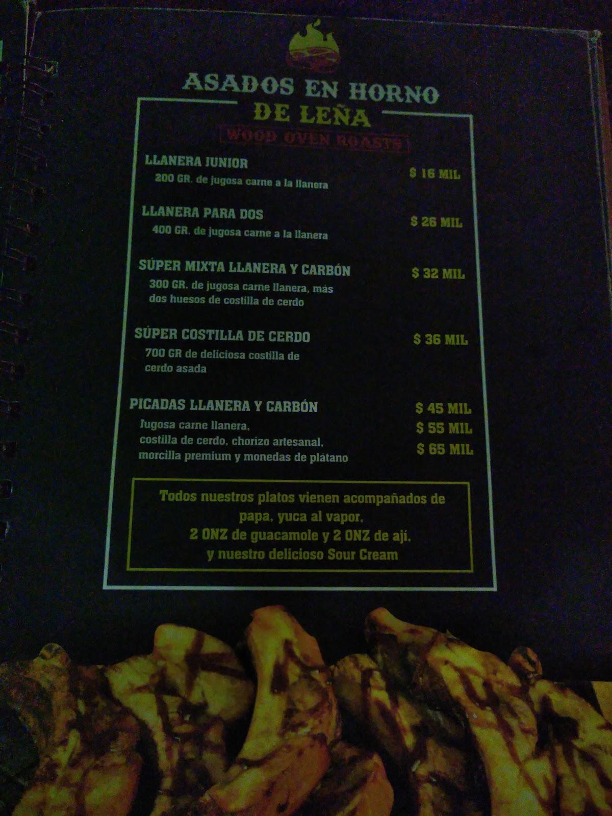 Carta de Restaurante Llanera y Carbón, Barranquilla