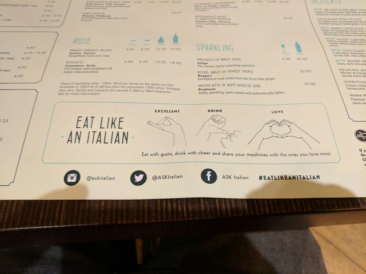 Menu at ASK Italian pizzeria, Chichester