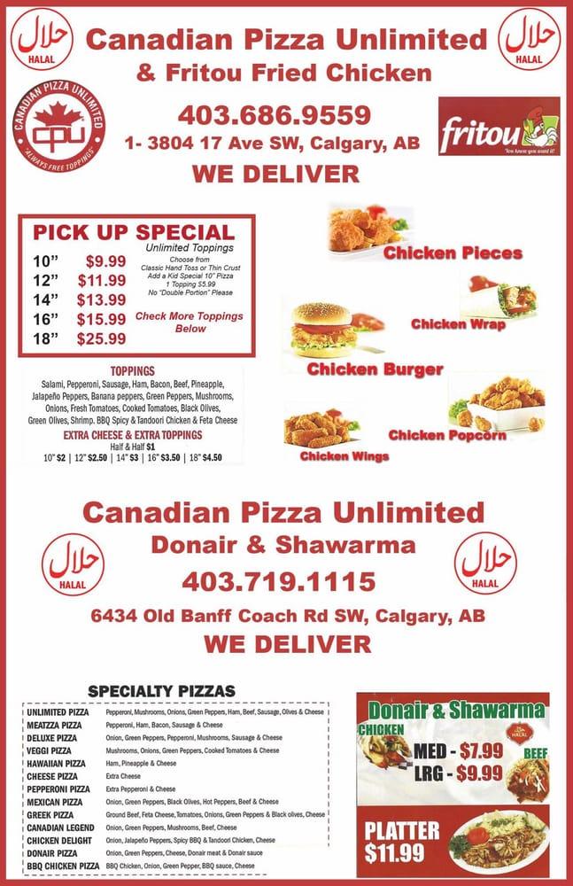 Menu at Canadian Pizza Unlimited & Donair pizzeria, Calgary, Old Banff