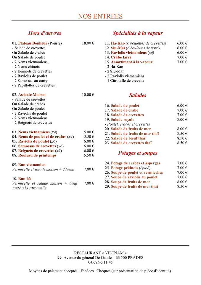 Menu at Vietnam restaurant, Prades