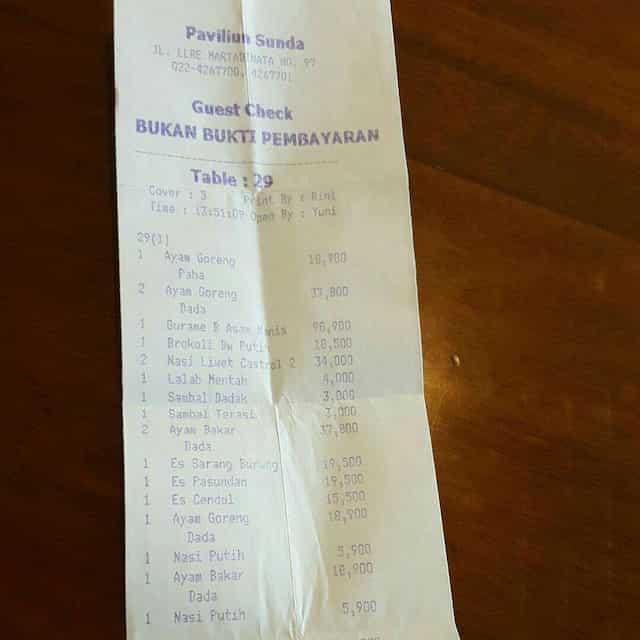 Menu at Paviliun Sunda restaurant, Bandung