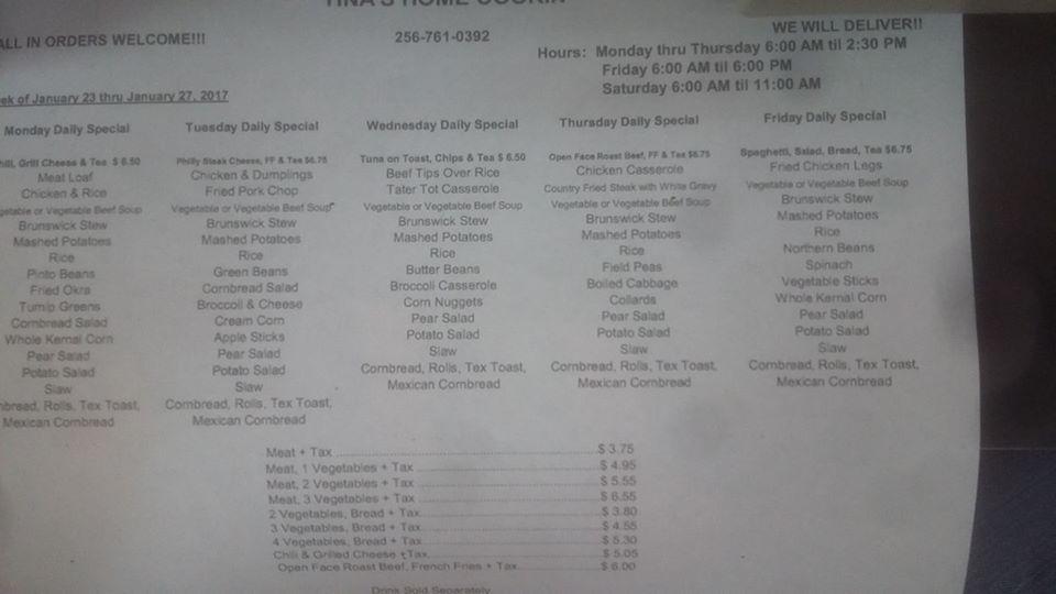 Menu at Tina's Home Cookin' restaurant, Talladega