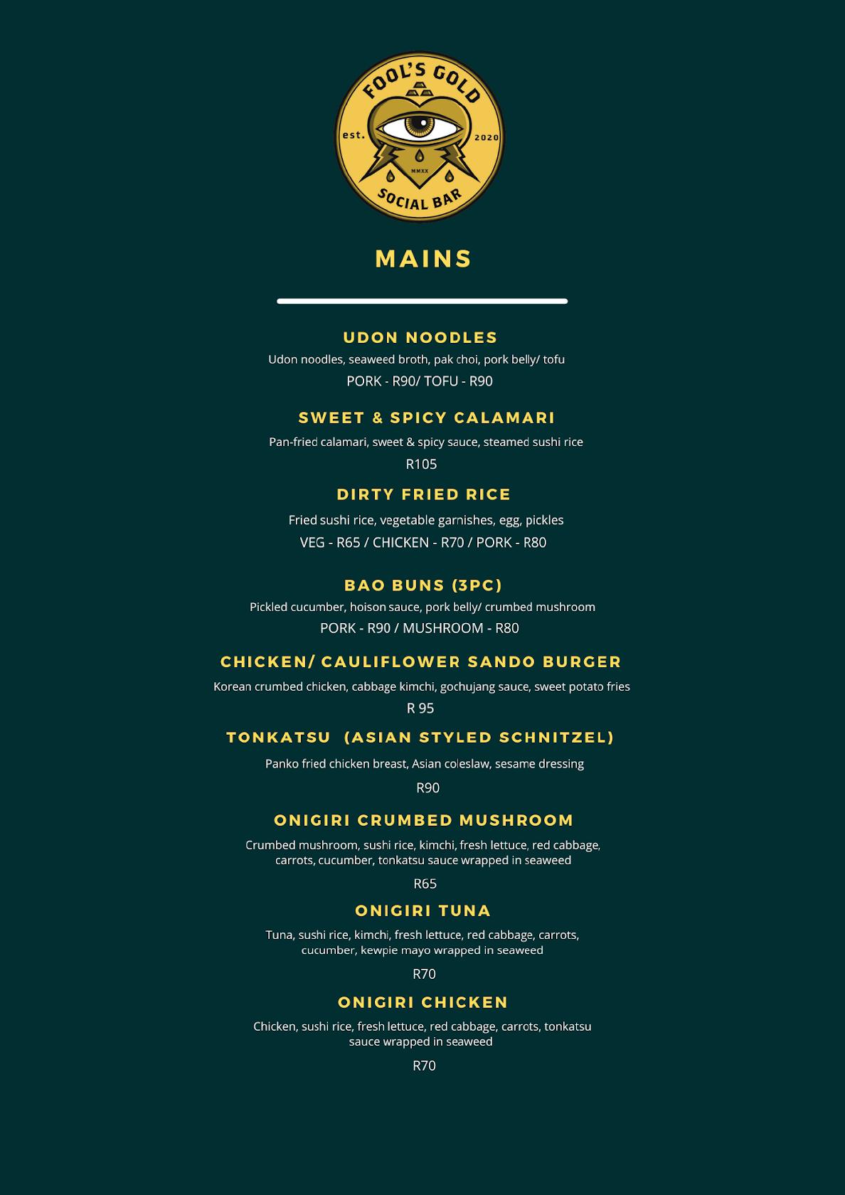 Menu at Fool's Gold Social Bar, Stellenbosch