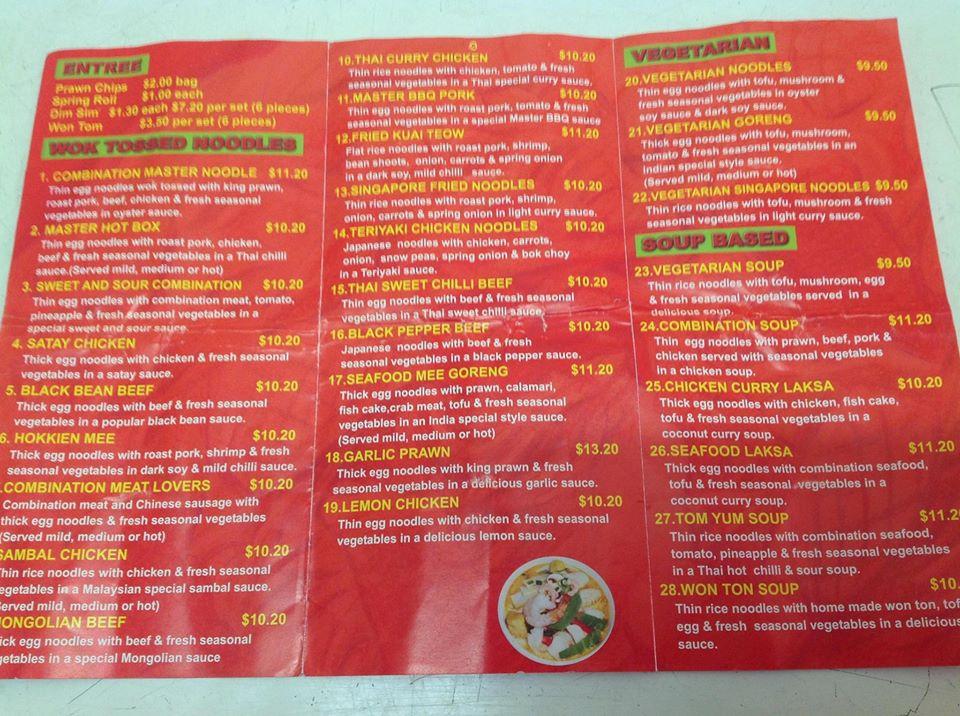 Menu at Master Noodle fast food, Morayfield
