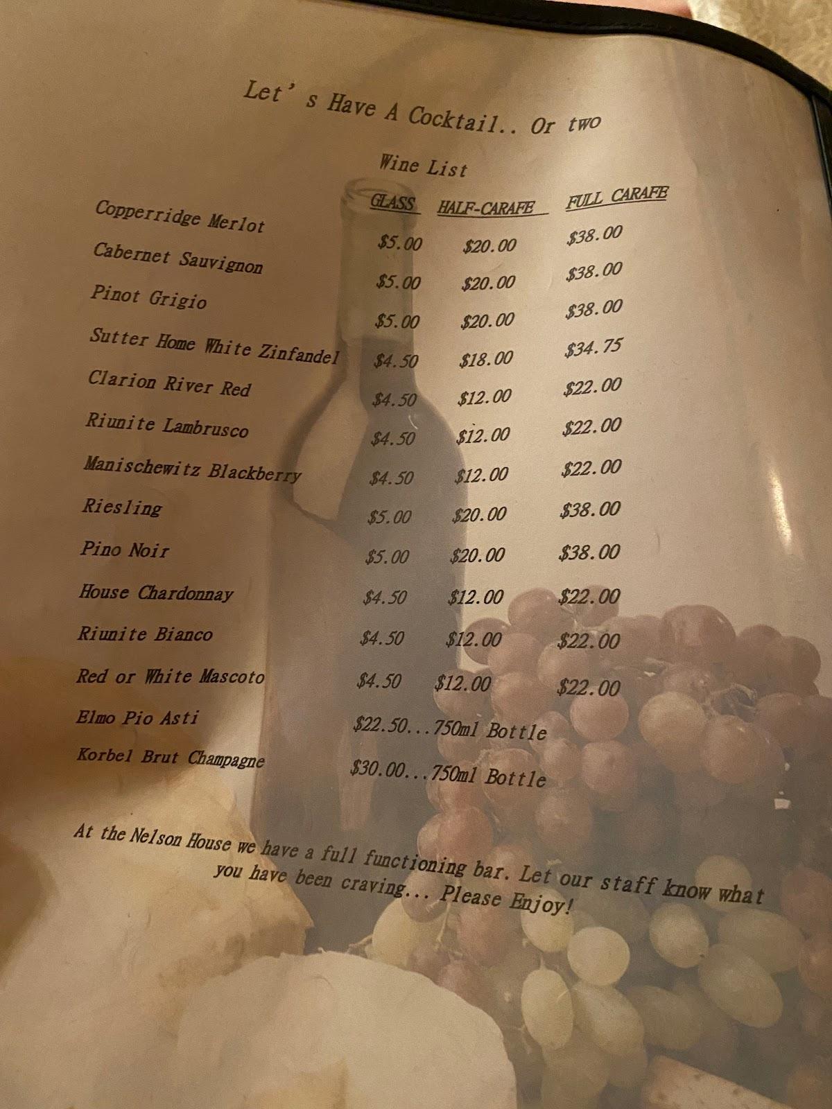 Menu at Nelson House restaurant, DuBois, 123 N Main St